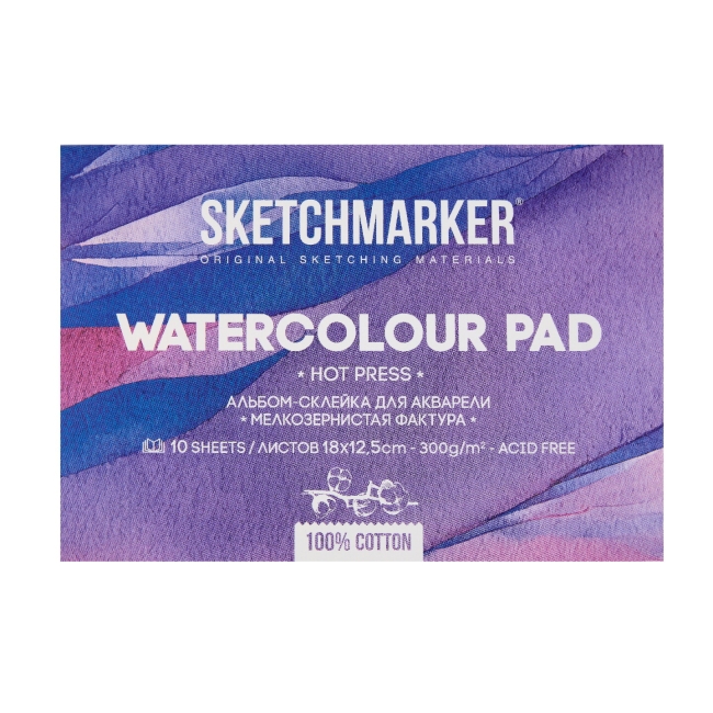 NEW Блок для акварели Sketchmarker 300г/м.кв 12,5*18см 10л хлопок Мелкое зерно склейка по 4 сторонам