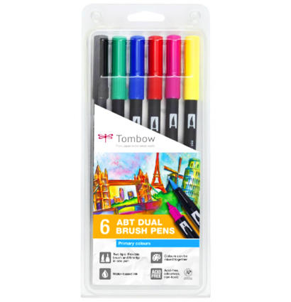 Купить набор брашпенов Tombow ABT Dual Brush Pen 6 Basic (основные) - купить маркер-кисть для скетчинга и каллиграфии в интернет-магазине товаров для скетчинга ArtCraft.Space