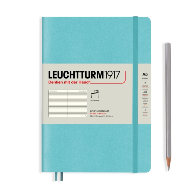 Блокнот Leuchtturm1917 Rising Colours A5 (14.5x21см.) 80г/м2 - 123 стр. в линейку, мягкая обложка, цвет: Аквамарин
