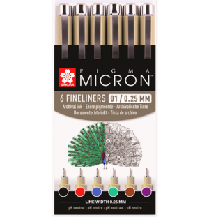 Набор капиллярных ручек Pigma Micron 6шт 0.25мм черный, фиолетовый, коричневый, зелены, Набор капиллярных ручек Pigma Micron 6шт 0.25мм черный, фиолетовый, коричневый, зелены,