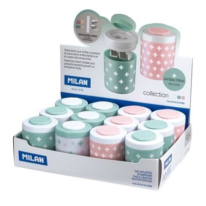 Точилка для карандашей MILAN COLLECTION ANTIBACTERIAL пластик 2 отверстия, цвета в ассортименте