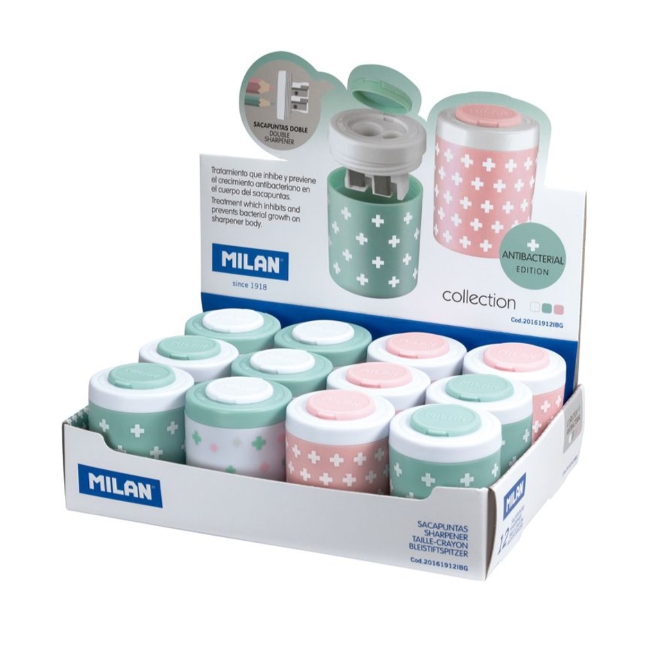 Точилка для карандашей MILAN COLLECTION ANTIBACTERIAL пластик 2 отверстия, цвета в ассортименте