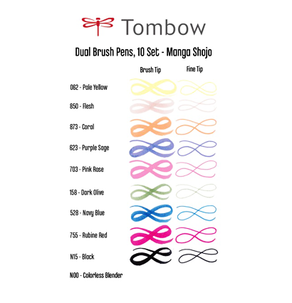 Купить набор брашпенов Tombow ABT Dual Brush Pen 10 Manga-2 Shojo (манга) - маркер-кисть для скетчинга и каллиграфии в интернет-магазине товаров для рисования ArtCraft.Space