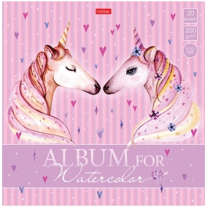 Альбом для акварели 20л, 220*220мм, на склейке Hatber "Волшебные единороги", 200г/м2, матов. лам., тиснение