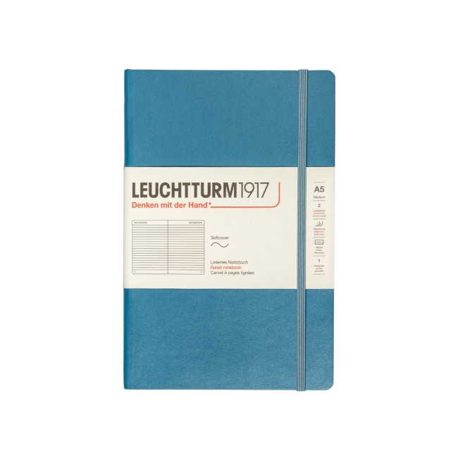 Блокнот Leuchtturm1917 Rising Colours A5 (14.5x21см.) 80г/м2 - 123 стр. в линейку, мягкая обложка, цвет: Синий Камень