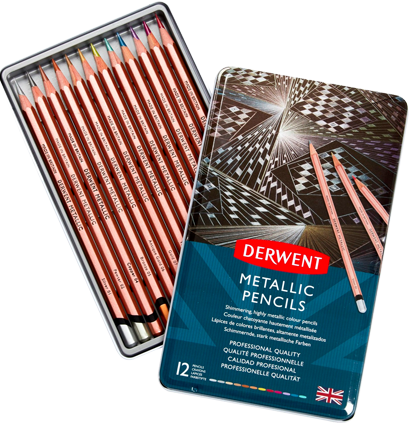 Набор цветных карандашей с цветом металлик Derwent Metallic 12 штук в фирменном пенале купить в художественном магазине ArtCraft.Space с доставкой по РФ и СНГ