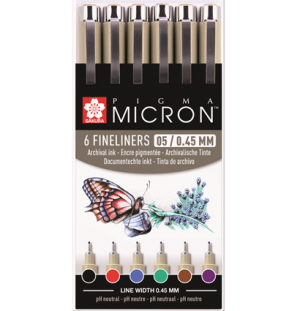 Набор капиллярных ручек Pigma Micron 6шт 0.45мм черный, фиолетовый, коричневый, зеленый, Набор капиллярных ручек Pigma Micron 6шт 0.45мм черный, фиолетовый, коричневый, зеленый,