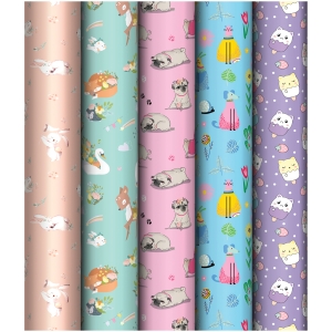 Упаковочная бумага глянц. 70*100см, MESHU "Милые зверята", 80г/м2, ассорти 5 дизайнов