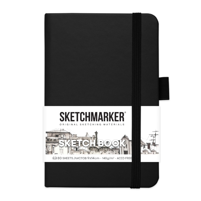 Блокнот для зарисовок Sketchmarker 140г/кв.м 9*14см 80л твердая обложка Черный