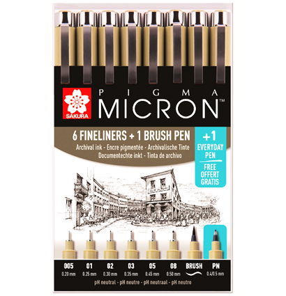 Набор черных капиллярных ручек Sakura Pigma Micron разной толщины + брашпен, 8 штук купить в магазине маркеров и ручек ArtCraft.Space с доставкой по РФ и СНГ