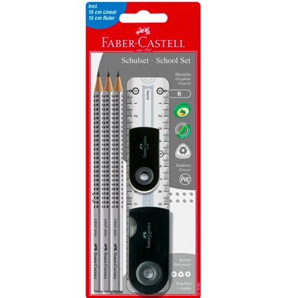 Набор чернографитных карандашей Faber-Castell Grip 3 штуки с ластиком, точилкой и линейкой купить в магазине ArtCraft.Space