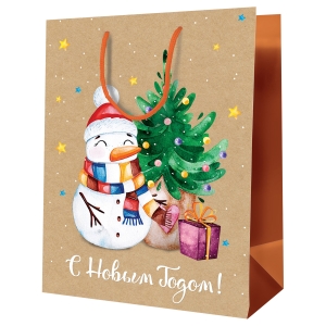 Пакет подарочный 26*32*12см MESHU "Новогодний снеговик", крафт