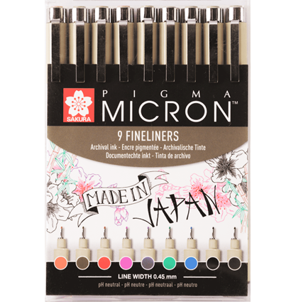 Набор цветных капиллярных ручек Sakura Pigma Micron с толщиной пера 0.45мм 9 штук купить в художественном магазине ArtCraft.Space с доставкой по РФ и СНГ