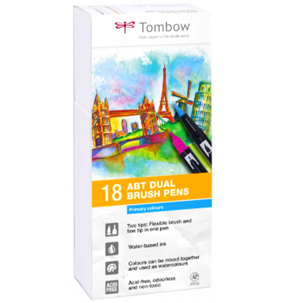 Купить набор брашпенов Tombow ABT Dual Brush Pen 18 Basic (основные) - акварельный маркер-кисть для леттеринга, каллиграфии и скетчинга в наборе из 18 штук в интернет-магазине товаров для скетчинга ArtCraft.Space