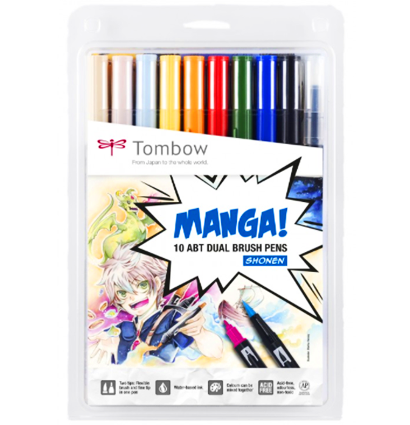 Купить набор брашпенов Tombow ABT Dual Brush Pen 10 Manga-1 Shonen (манга) - маркер-кисть для рисования и скетчинга в стиле комиксов манга в интернет-магазине товаров для рисования ArtCraft.Space