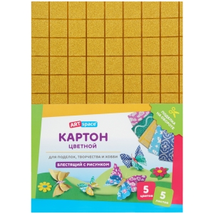 Картон цветной А4, ArtSpace, 5л., 5цв., блестящий, с рисунком, в пакете Картон цветной А4, ArtSpace, 5л., 5цв., блестящий, с рисунком, в пакете
