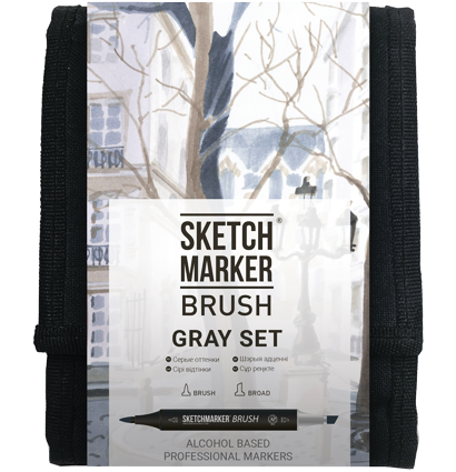 Набор маркеров Sketchmarker Brush / Скетчмаркер Браш "Gray - Оттенки серого" 12 цветов в сумке купить в магазине маркеров для рисования ArtCraft.Space с доставкой по РФ и СНГ