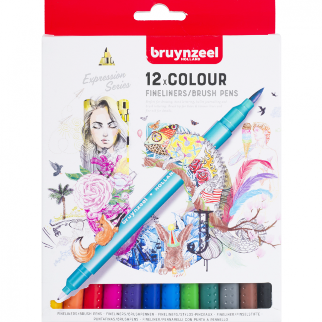 Набор брашпенов с линером Bruynzeel Fineliner / Brush Pens 12 цветов купить в художественном магазине ArtCraft.Space с доставкой по всему миру