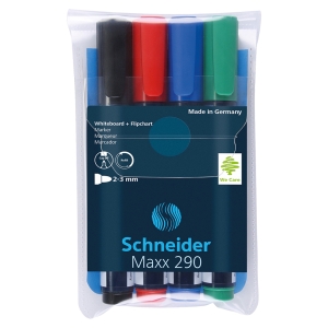 Набор маркеров для белых досок и флипчартов Schneider "Maxx 290" 04цв., пулевидный, 3мм, прозр. чехол