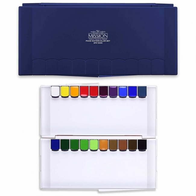 Набор акварельных красок Mijello Mission Silver Pen 20цв палитра синяя,