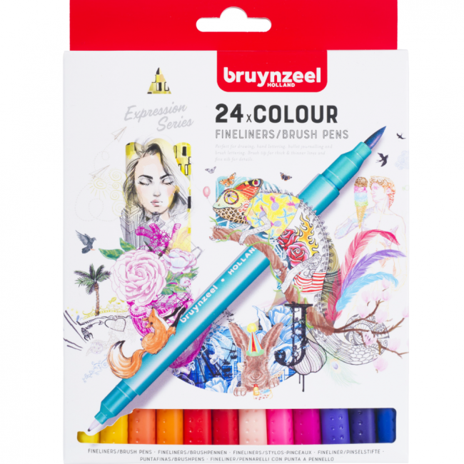 Набор брашпенов с линером Bruynzeel Fineliner / Brush Pens 24 цвета купить в художественном магазине ArtCraft.Space с доставкой по всему миру