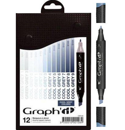 Набор маркеров для скетчей Graph'It Classic Cool Greys 12 штук в пенале (холодные серые) купить в фирменном магазине маркеров и альбомов ArtCraft.Space с доставкой по РФ и СНГ