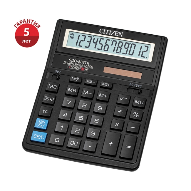 Калькулятор настольный Citizen SDC-888TII, 12 разрядов, двойное питание, 158*203*31мм, черный
