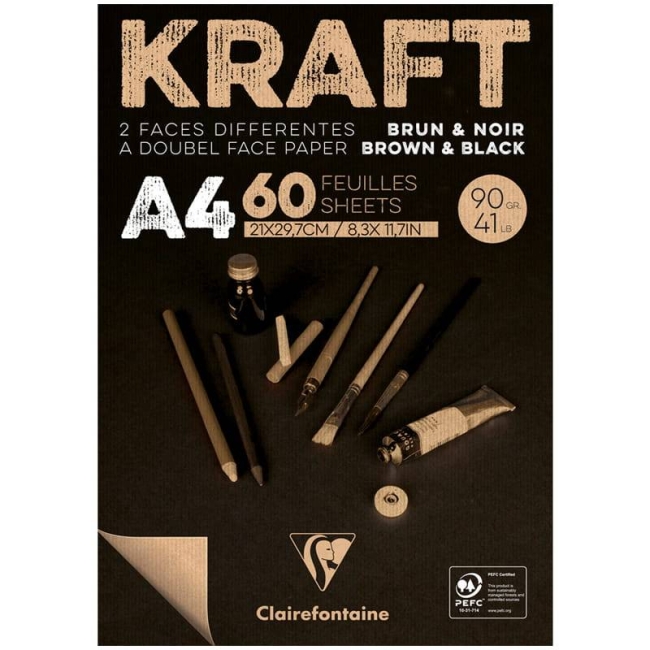 Альбом для эскизов Kraft ClaireFontaine черная и крафт-бумага А4 / 60 листов / 90 гм купить в художественном магазине ArtCraft.Space
