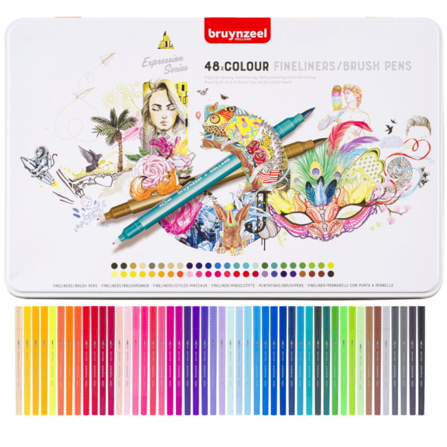 Набор брашпенов с линером Bruynzeel Fineliner / Brush Pens 48 цветов в пенале купить в художественном магазине ArtCraft.Space с доставкой по всему миру