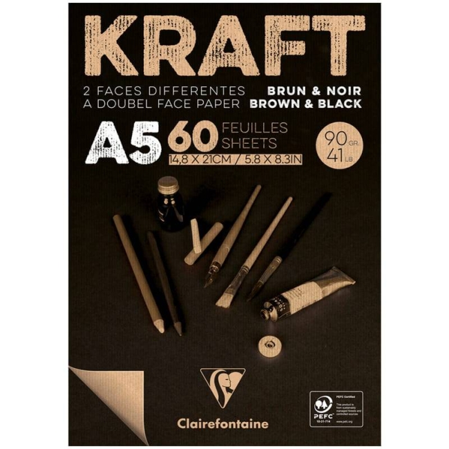 Альбом для эскизов Kraft ClaireFontaine черная и крафт-бумага А5 / 60 листов / 90 гм купить в художественном магазине ArtCraft.Space