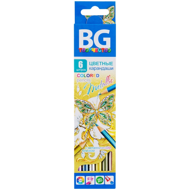 Карандаши цветные BG "Metallic", 06цв, круглые, 3,0мм, европодвес