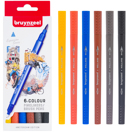 Набор брашпенов с линером Bruynzeel Fineliner / Brush Pens 6 цветов "Амстердам" купить в магазине маркеров ArtCraft.Space с доставкой