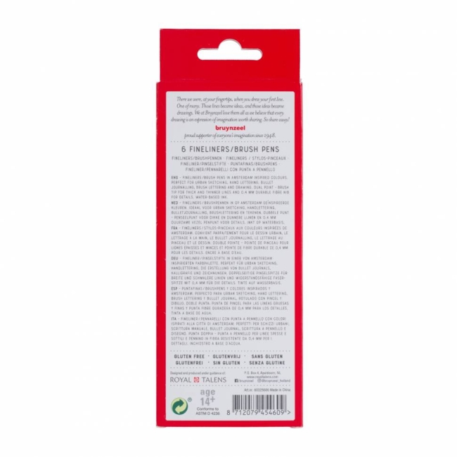 Набор брашпенов с линером Bruynzeel Fineliner / Brush Pens 6 цветов "Амстердам" купить в магазине маркеров ArtCraft.Space с доставкой