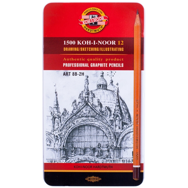 Набор карандашей ч/г Koh-I-Noor "1500 Art" ,12шт., 8B-2H, заточен., метал. пенал Набор карандашей ч/г Koh-I-Noor "1500 Art" ,12шт., 8B-2H, заточен., метал. пенал