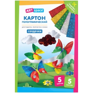 Картон цветной А4, ArtSpace, 5л., 5цв., металлизированный голографический, узор "Сердечки", в папке Картон цветной А4, ArtSpace, 5л., 5цв., металлизированный голографический, узор "Сердечки", в папке