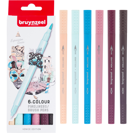 Набор брашпенов с линером Bruynzeel Fineliner / Brush Pens 6 цветов "Венеция" купить в магазине маркеров ArtCraft.Space с доставкой