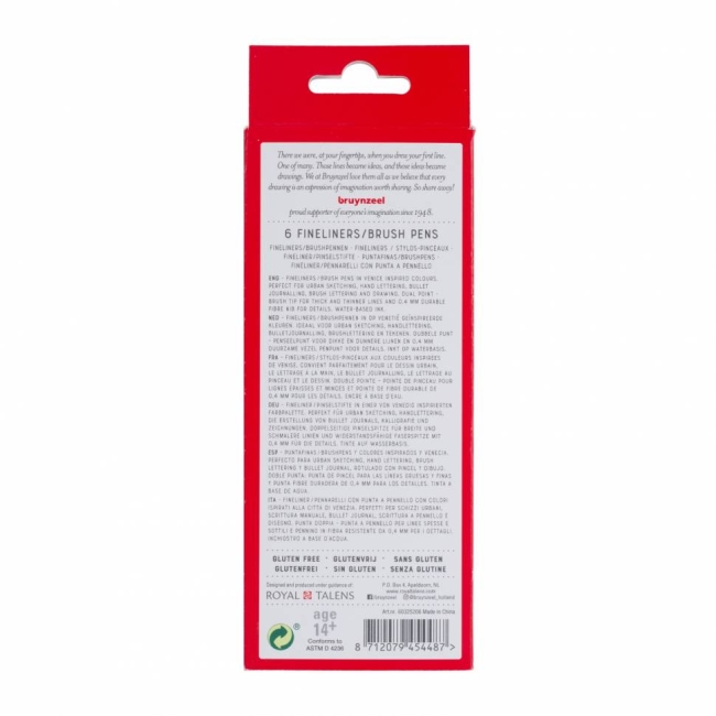 Набор брашпенов с линером Bruynzeel Fineliner / Brush Pens 6 цветов "Венеция" купить в магазине маркеров ArtCraft.Space с доставкой
