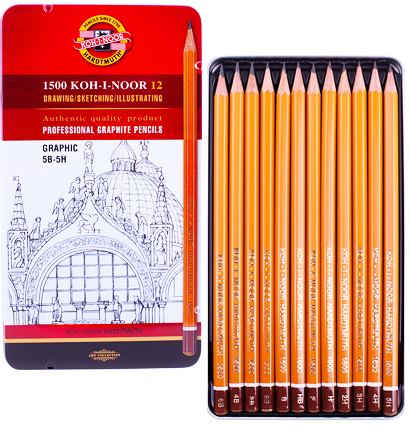 Набор чернографитных карандашей Koh-I-Noor 1500 Graphic в пенале 12 штук 5B-5H купить в художественном магазине ArtCraft.Space