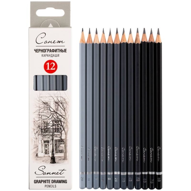 Набор карандашей ч/г Сонет, 12шт., 2H-8B, заточен., картон.упак., европодвес Набор карандашей ч/г Сонет, 12шт., 2H-8B, заточен., картон.упак., европодвес