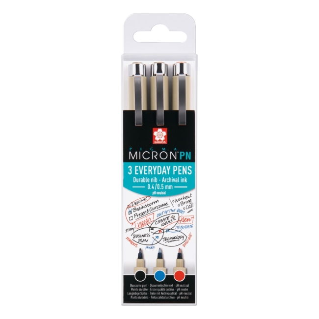 Набор капиллярных ручек Pigma Micron PN 3шт (0.4мм-0.5мм) Черный, Синий, Красный