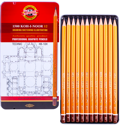 Набор чернографитных карандашей Koh-I-Noor 1500 Technic в пенале 12 штук HB-10H купить в художественном магазине ArtCraft.Space