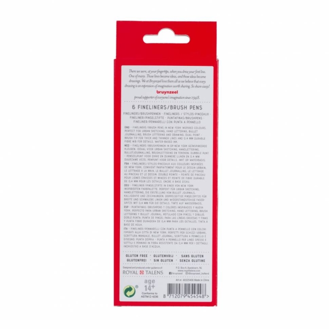 Набор брашпенов с линером Bruynzeel Fineliner / Brush Pens 6 цветов "Нью-Йорк" купить в магазине маркеров ArtCraft.Space с доставкой