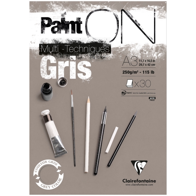 Скетчбук - альбом для смешанных техник 30л., А3, на склейке Clairefontaine "Paint'ON Grey", серый, 250г/м2