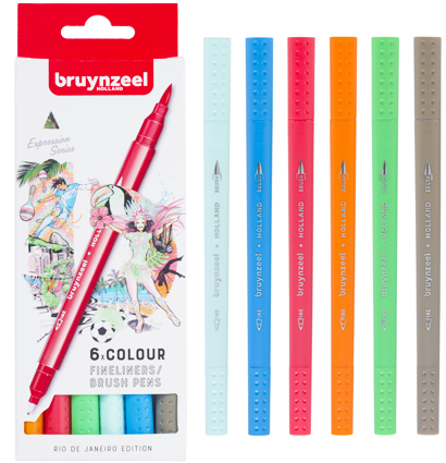 Набор брашпенов с линером Bruynzeel Fineliner / Brush Pens 6 цветов "Рио" купить в магазине маркеров ArtCraft.Space