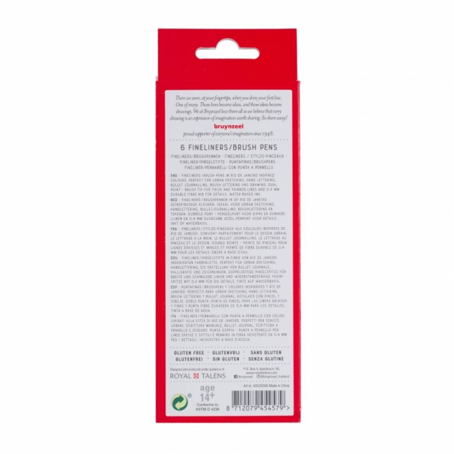 Набор брашпенов с линером Bruynzeel Fineliner / Brush Pens 6 цветов "Рио" купить в магазине маркеров ArtCraft.Space