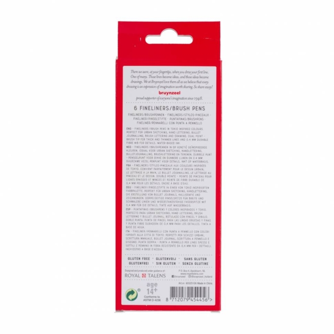Набор брашпенов с линером Bruynzeel Fineliner / Brush Pens 6 цветов "Токио" купить в магазине маркеров ArtCraft.Space с доставкой по всему миру