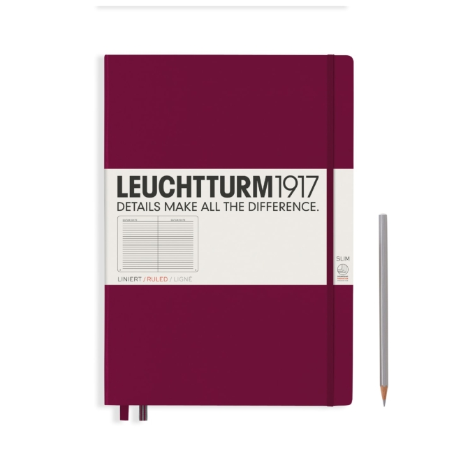 Блокнот Leuchtturm1917 Master Slim A4+ (22.5x31.5см.), 100г/м2 - 123 стр. в линейку, твердая обложка, цвет: Красный Портвейн
