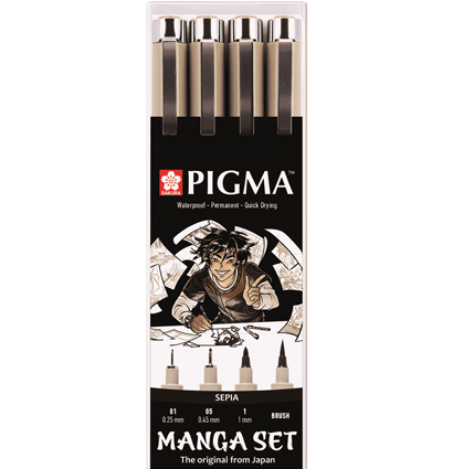 Набор капиллярных ручек Sakura Pigma Micron Manga цвета сепия разной толщины и брашпен  4 штуки купить в художественном магазине ArtCraft.Space с доставкой по РФ и СНГ