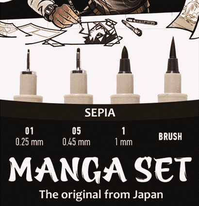 Набор капиллярных ручек Sakura Pigma Micron Manga цвета сепия разной толщины и брашпен  4 штуки купить в художественном магазине ArtCraft.Space с доставкой по РФ и СНГ