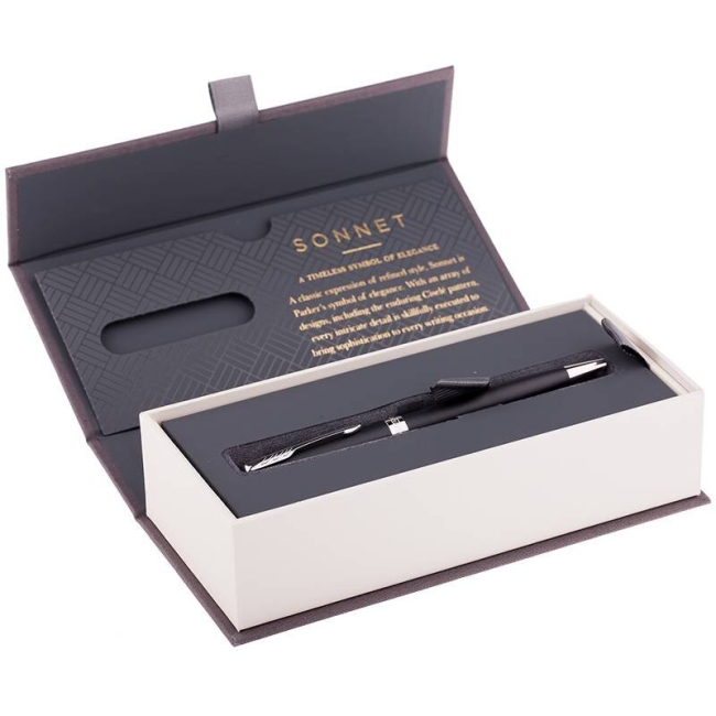 Ручка шариковая Parker Sonnet Matte Black CT 1 мм черные чернила, подарочная упаковка купить в магазине ArtCraft.Space Ручка шариковая Parker Sonnet Matte Black CT 1 мм черные чернила, подарочная упаковка купить в магазине ArtCraft.Space
